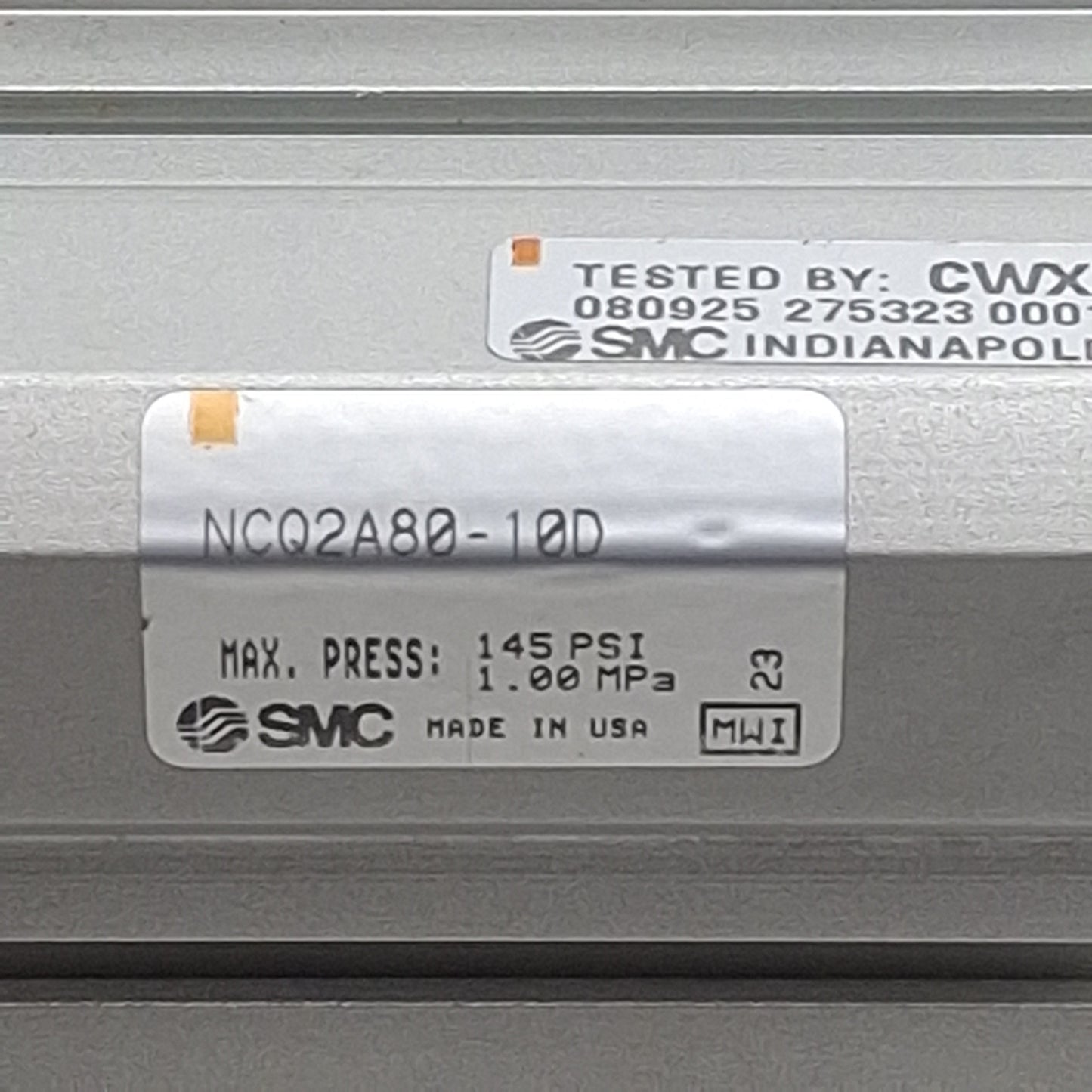 Used SMC NCQ2A80-10D Compact Cylinder, ø80mm Bore, 10mm Stroke, Rc3/8, 145psi