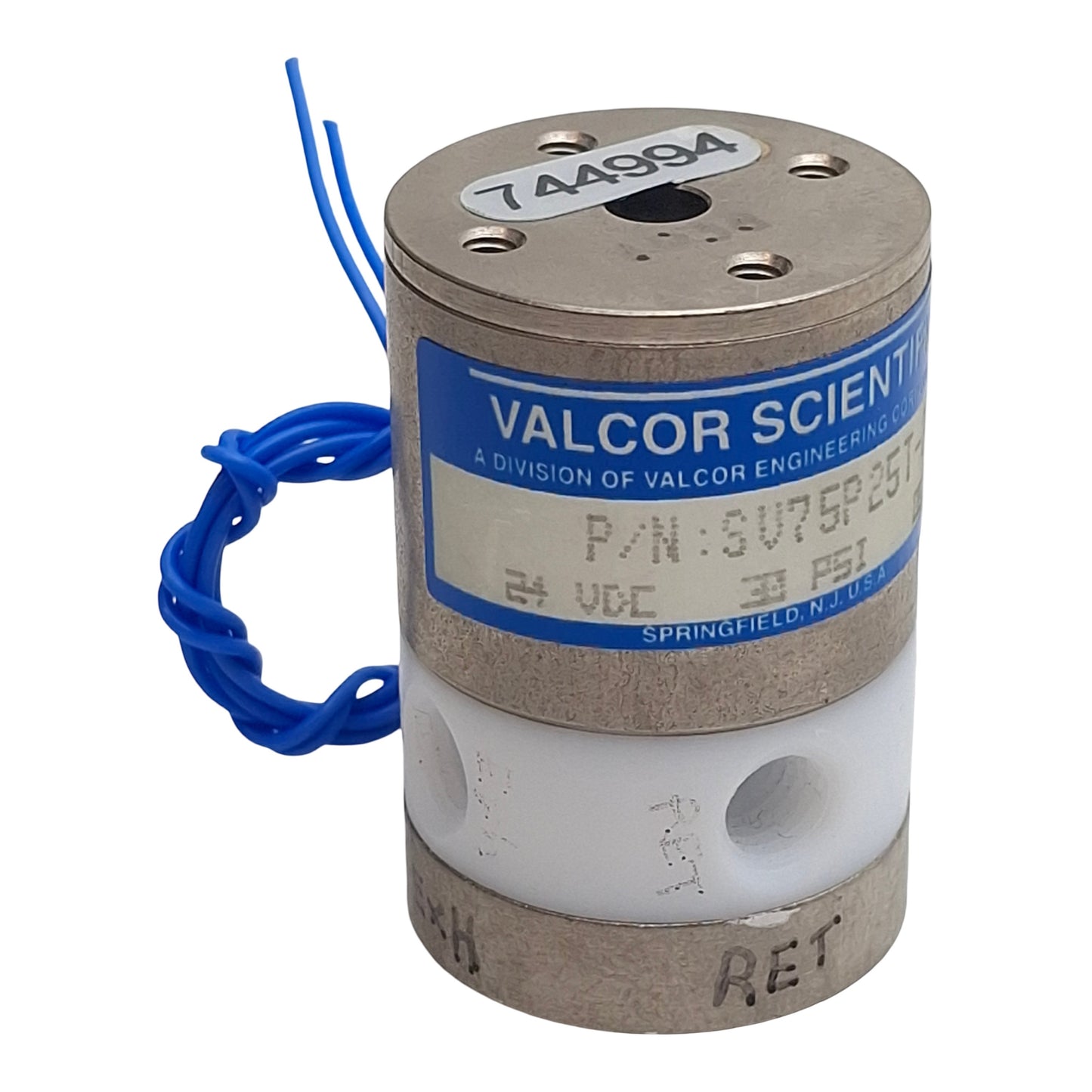 Used Valcor SV75P25T-2 Solenoid Isolation Valve, 3-Way, 1/4-28in, 30psi, 24VDC Coil
