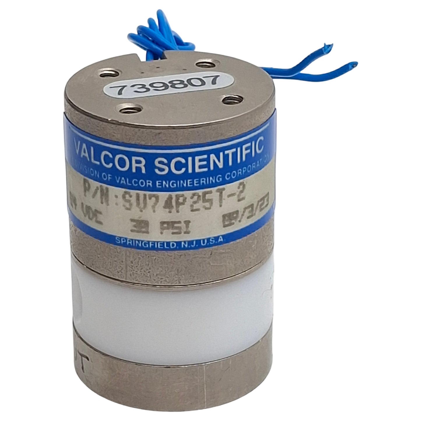 Used Valcor SV74P25T-2 Solenoid Isolation Valve, 2-Way, 1/4-28in, 30psi, 24VDC Coil