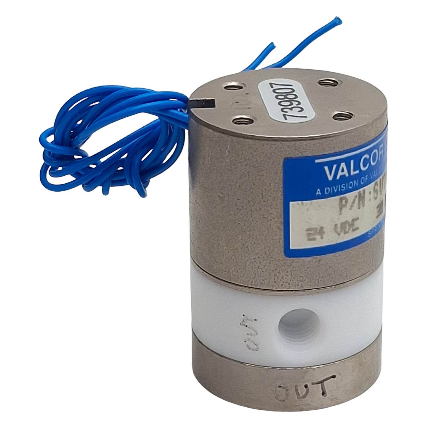 Used Valcor SV74P25T-2 Solenoid Isolation Valve, 2-Way, 1/4-28in, 30psi, 24VDC Coil