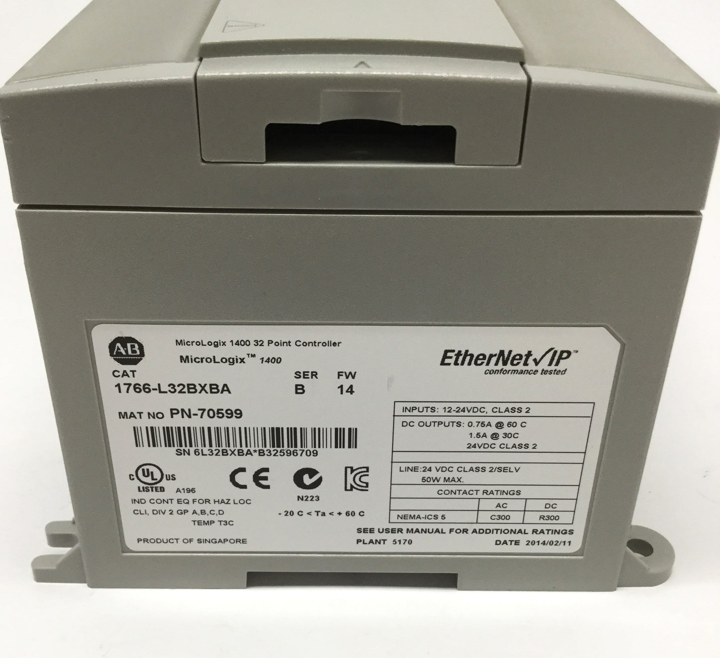 Used Allen Bradley 1766-L32BXBA MicroLogix 1400 PLC Controller, 32-Point, 24VDC