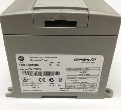 Used Allen Bradley 1766-L32BXBA MicroLogix 1400 PLC Controller, 32-Point, 24VDC