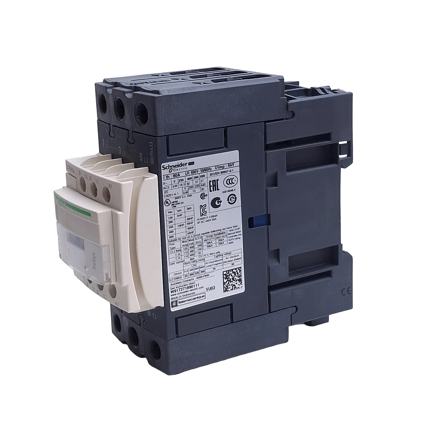 Used Schneider LC1D65A G7 Motor Starter Contactor, 120VAC Coil, 65A, 600VAC, 50HP