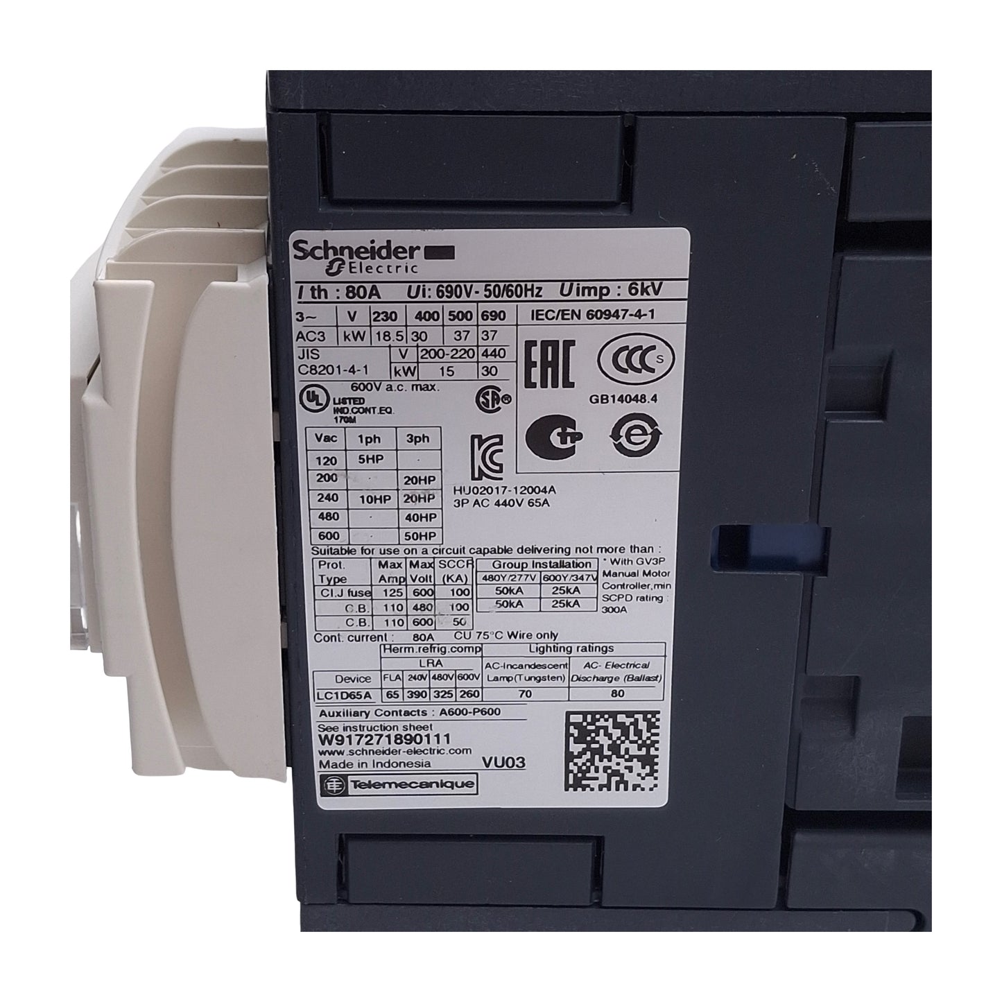 Used Schneider LC1D65A G7 Motor Starter Contactor, 120VAC Coil, 65A, 600VAC, 50HP