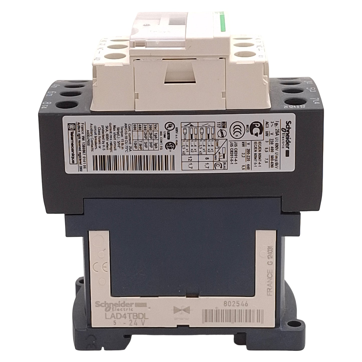 Used Schneider Electric LC1DT25BD Contactor, 4NO, 25A, 10HP @ 3Ø 600VAC, 24VDC Coil