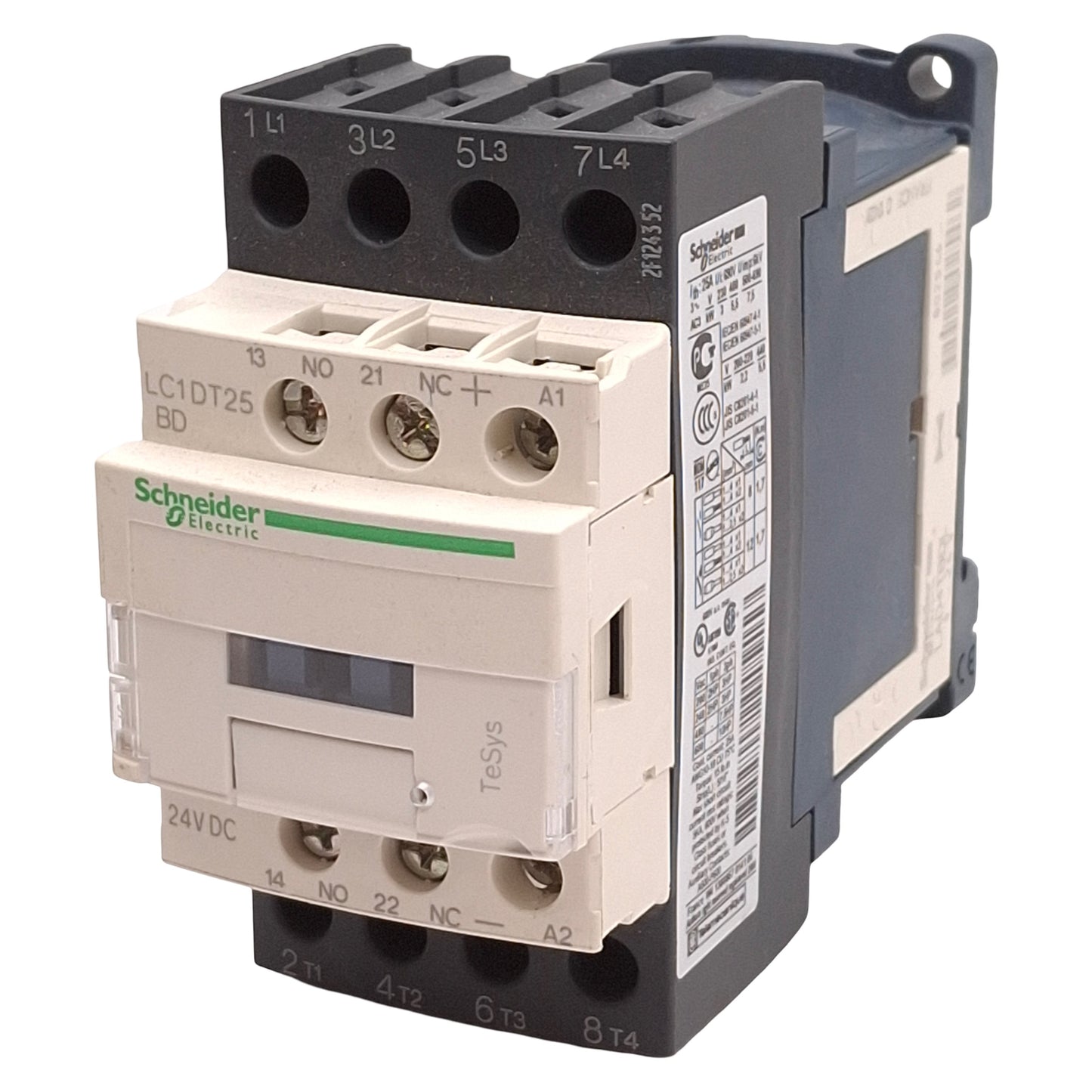 Used Schneider Electric LC1DT25BD Contactor, 4NO, 25A, 10HP @ 3Ø 600VAC, 24VDC Coil