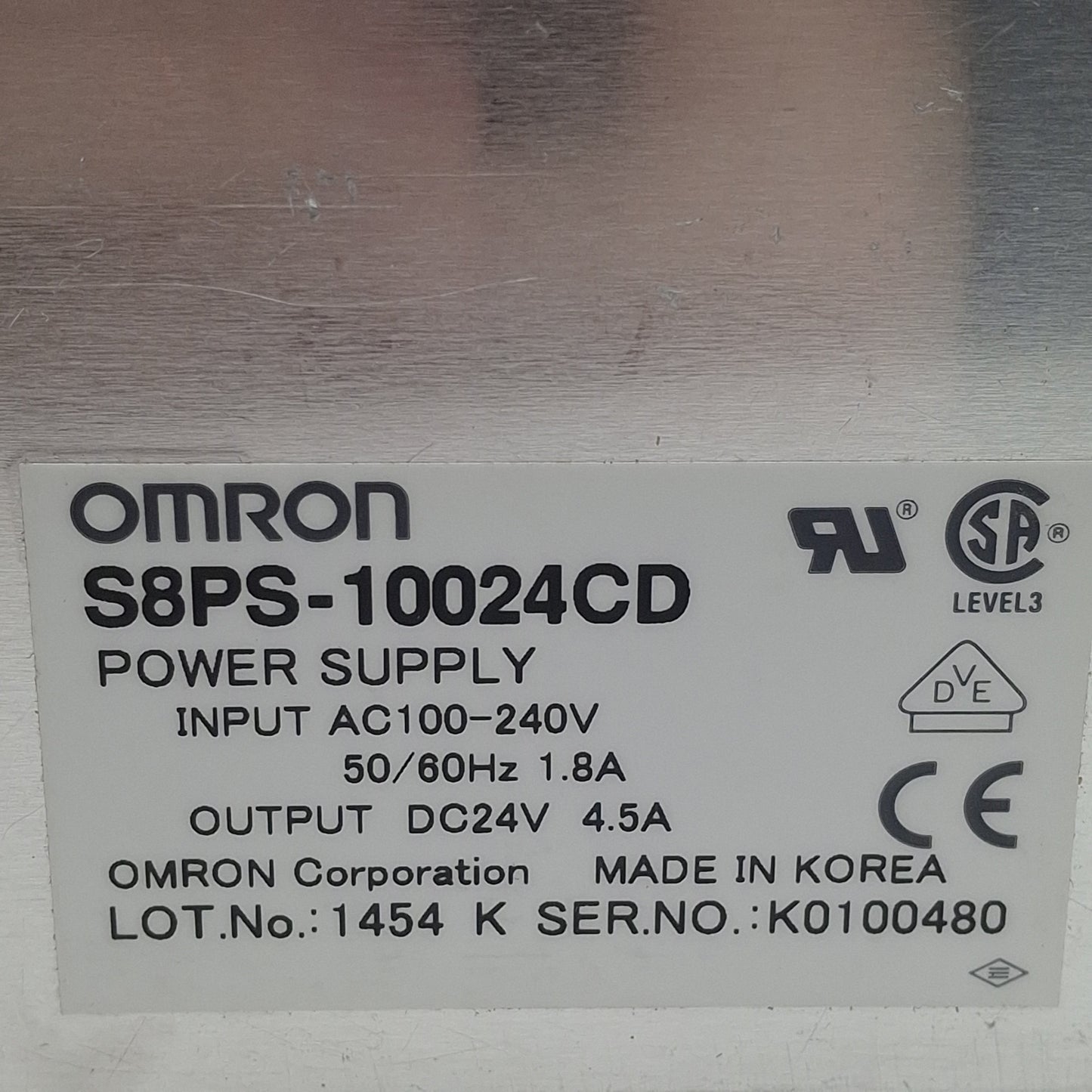 Used Omron S8PS-10024CD Power Supply, 100-240VAC In, 4.5A 24VDC Out, DIN Rail