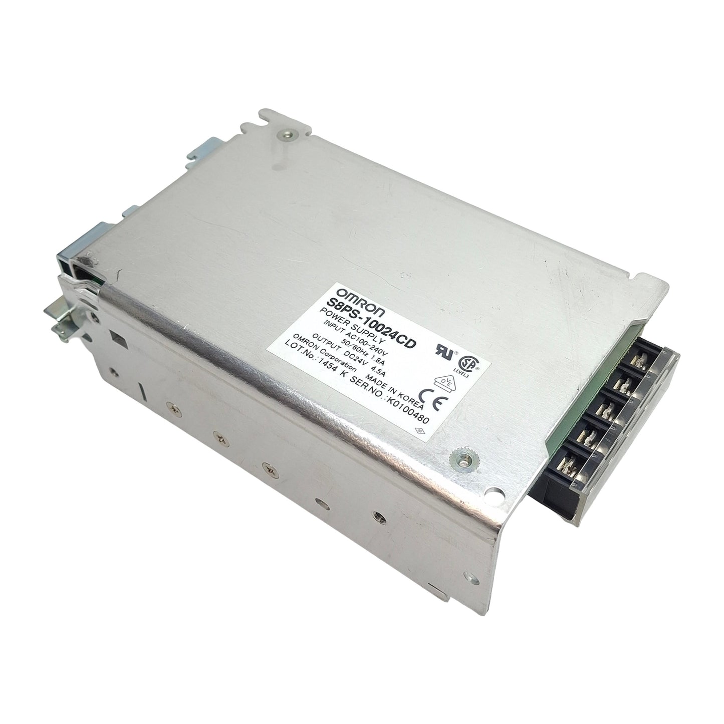 Used Omron S8PS-10024CD Power Supply, 100-240VAC In, 4.5A 24VDC Out, DIN Rail