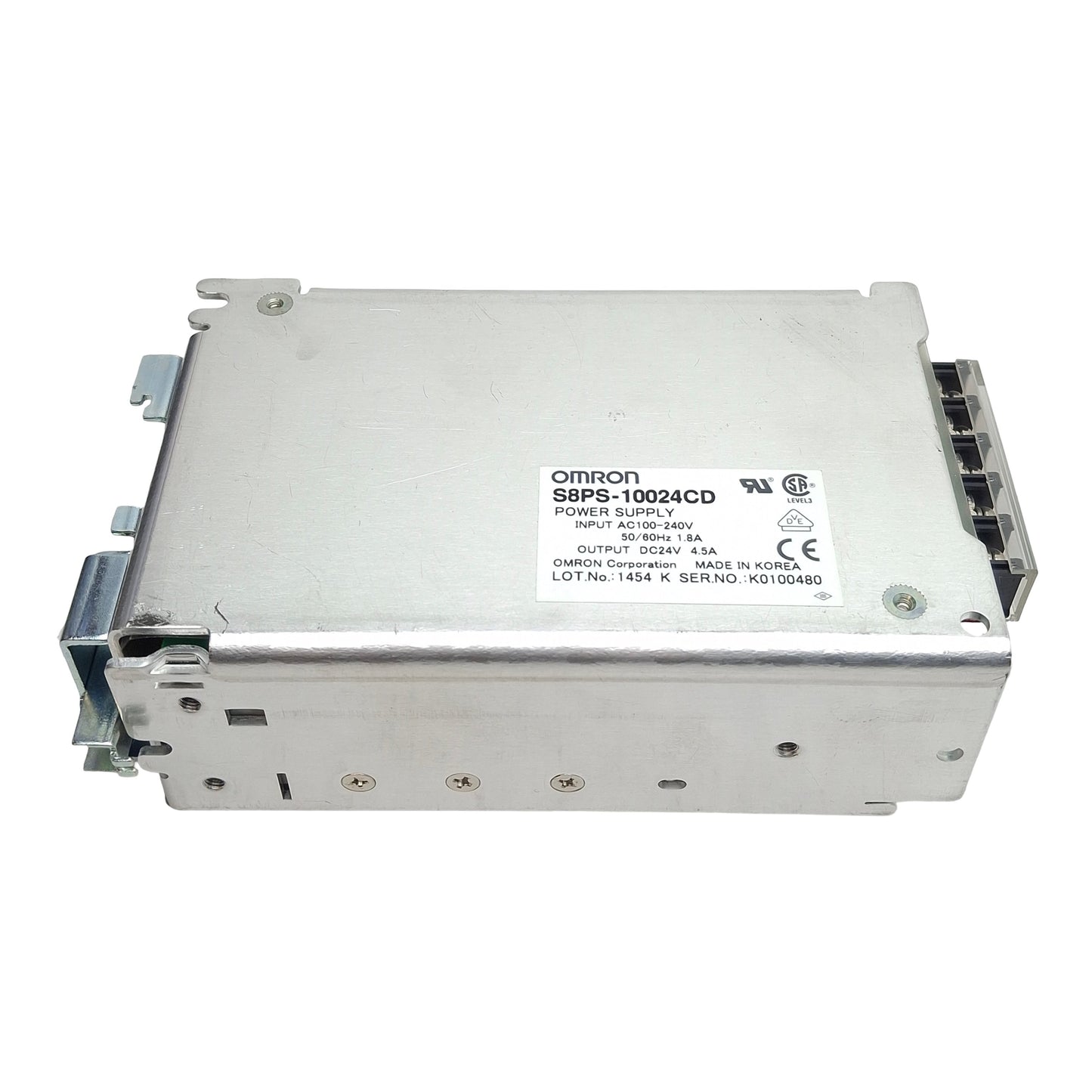 Used Omron S8PS-10024CD Power Supply, 100-240VAC In, 4.5A 24VDC Out, DIN Rail