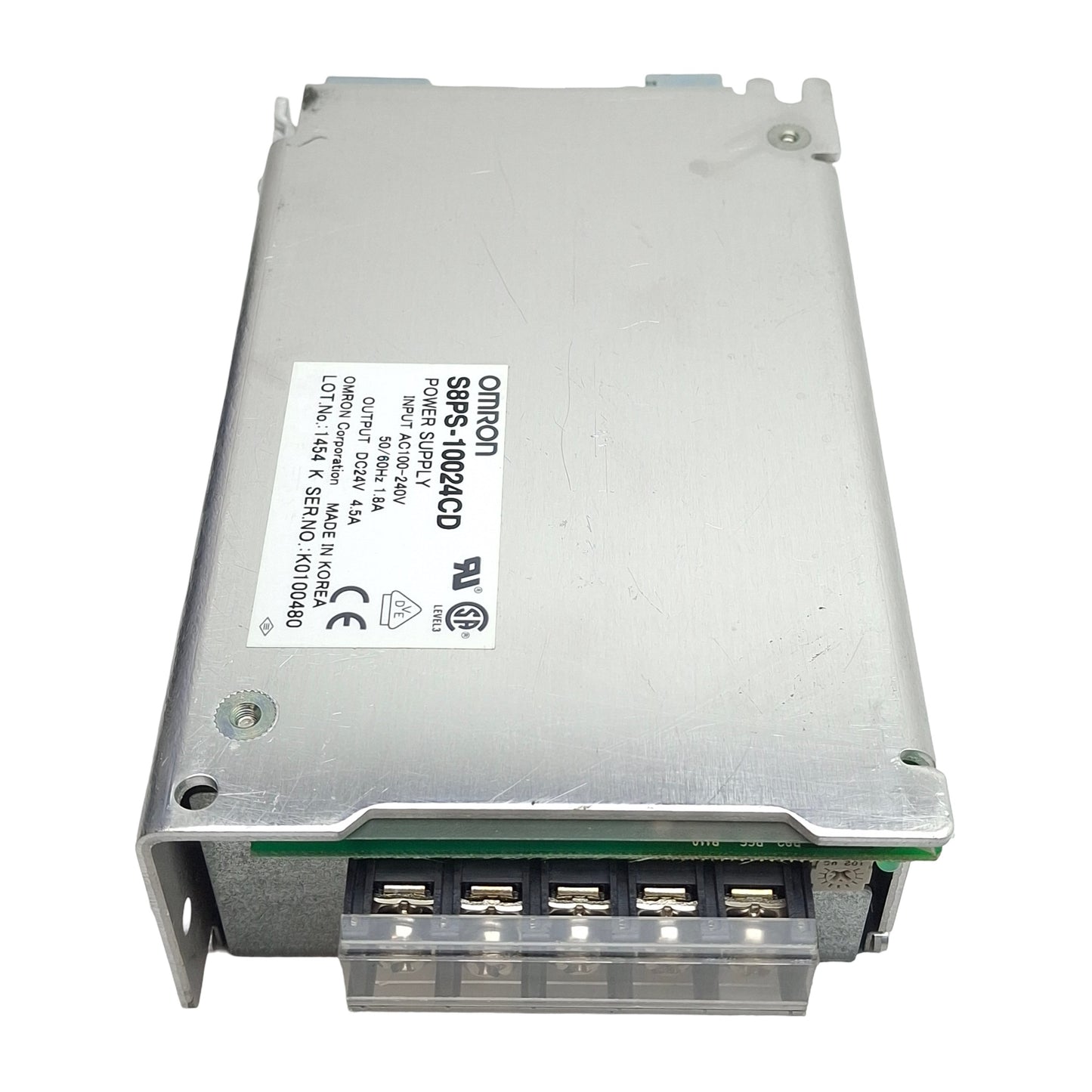 Used Omron S8PS-10024CD Power Supply, 100-240VAC In, 4.5A 24VDC Out, DIN Rail
