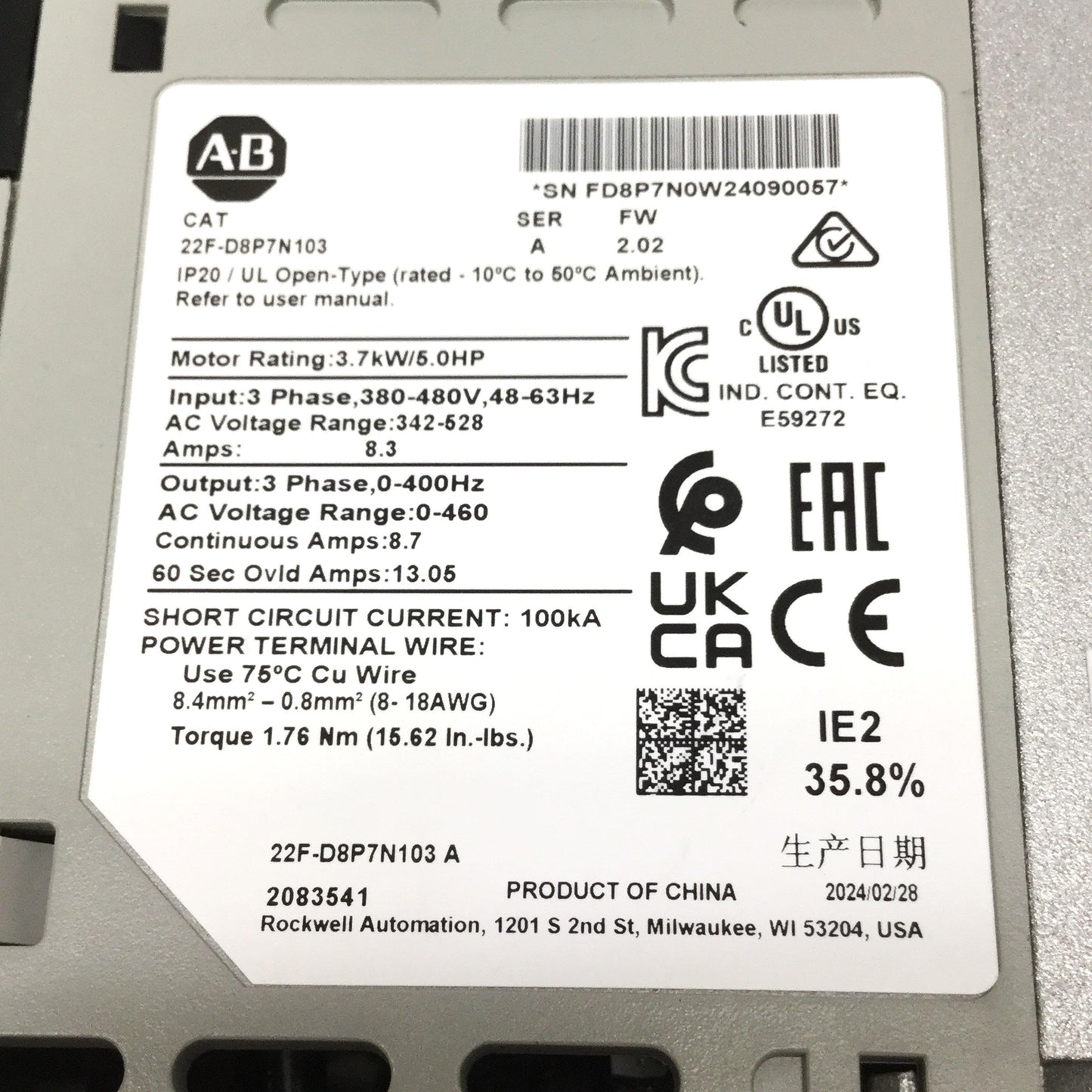 Used Allen Bradley 22F-D8P7N103 PowerFlex 4M AC Drive 380-460VAC 3.7kW/5HP 0-400Hz
