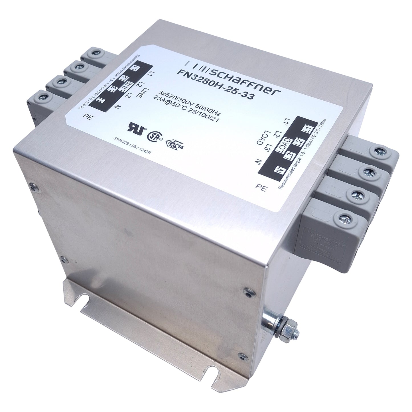 Used Schaffner FN3280H-25-33 High-End Line Filter 3x520/300VAC 60/50Hz Max, 25A