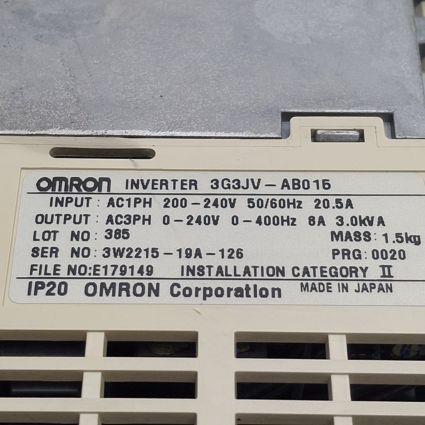 Used Omron 3G3JV-AB015 SYSDRIVE Compact Invertor, 1-Phase 200VAC In, 1.5kW Motor