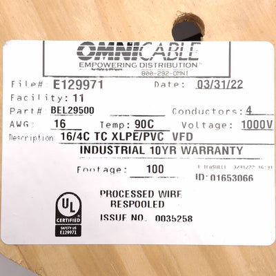 New Beldan 29500 VFD Motor Supply Cable 16AWG 3C+G 600VAC Shielded PVC XLPE 100ft