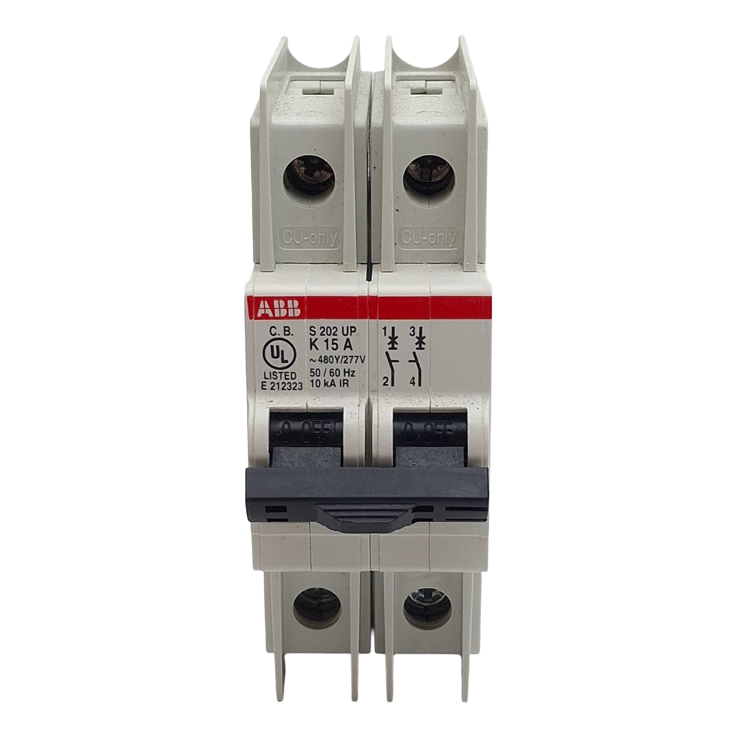 Used ABB S202UP-K15 Circuit Breaker, 2-Pole, 15A 480Y/277VAC, K-Curve, DIN Rail