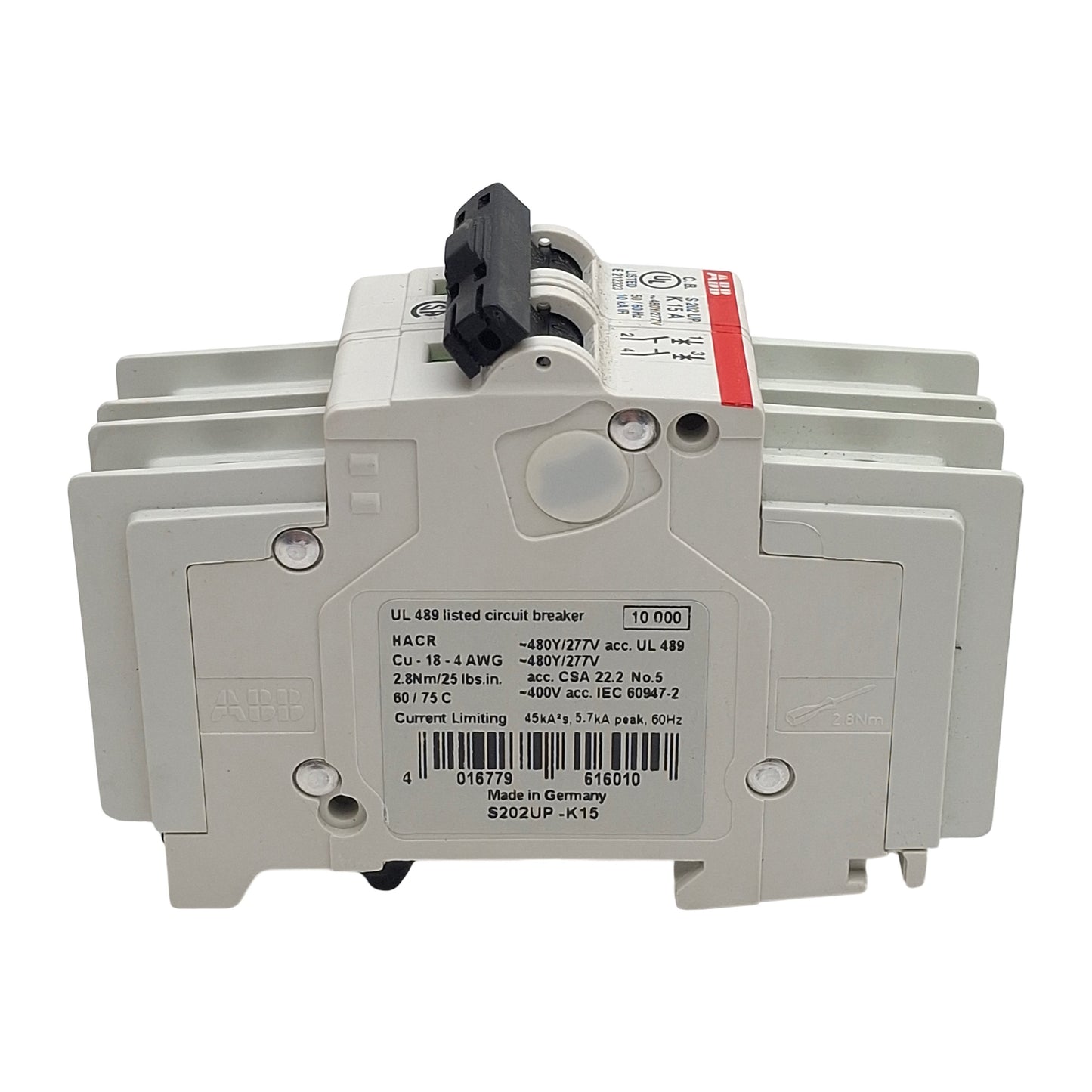 Used ABB S202UP-K15 Circuit Breaker, 2-Pole, 15A 480Y/277VAC, K-Curve, DIN Rail