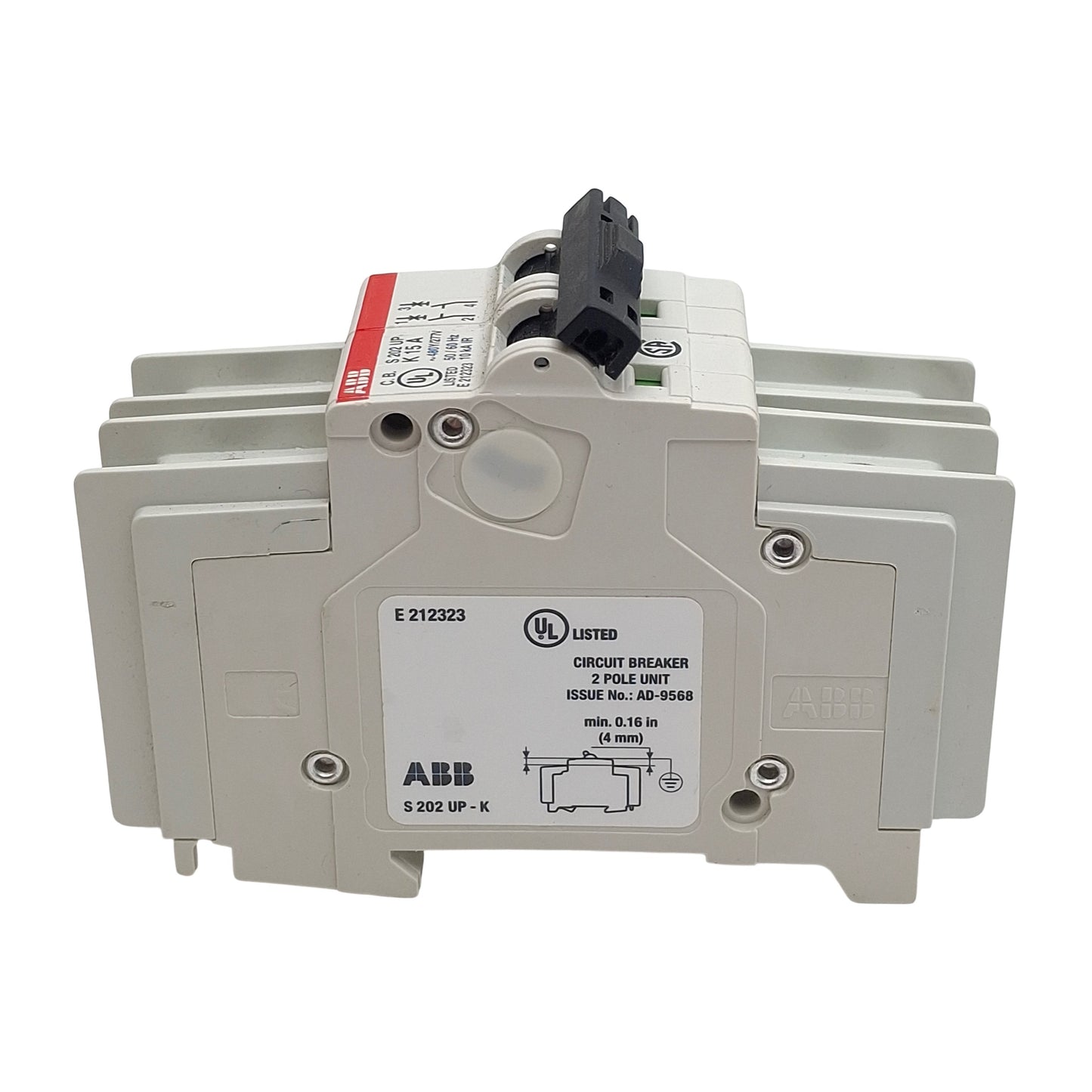 Used ABB S202UP-K15 Circuit Breaker, 2-Pole, 15A 480Y/277VAC, K-Curve, DIN Rail