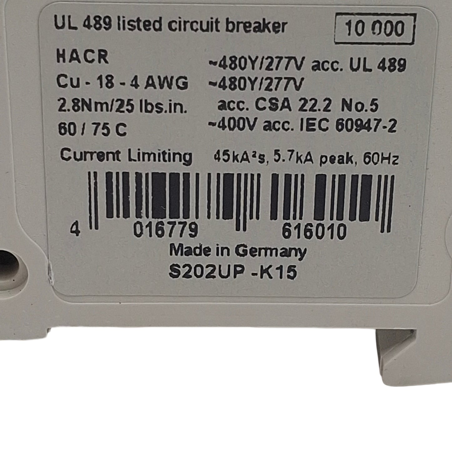 Used ABB S202UP-K15 Circuit Breaker, 2-Pole, 15A 480Y/277VAC, K-Curve, DIN Rail