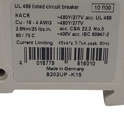 Used ABB S202UP-K15 Circuit Breaker, 2-Pole, 15A 480Y/277VAC, K-Curve, DIN Rail