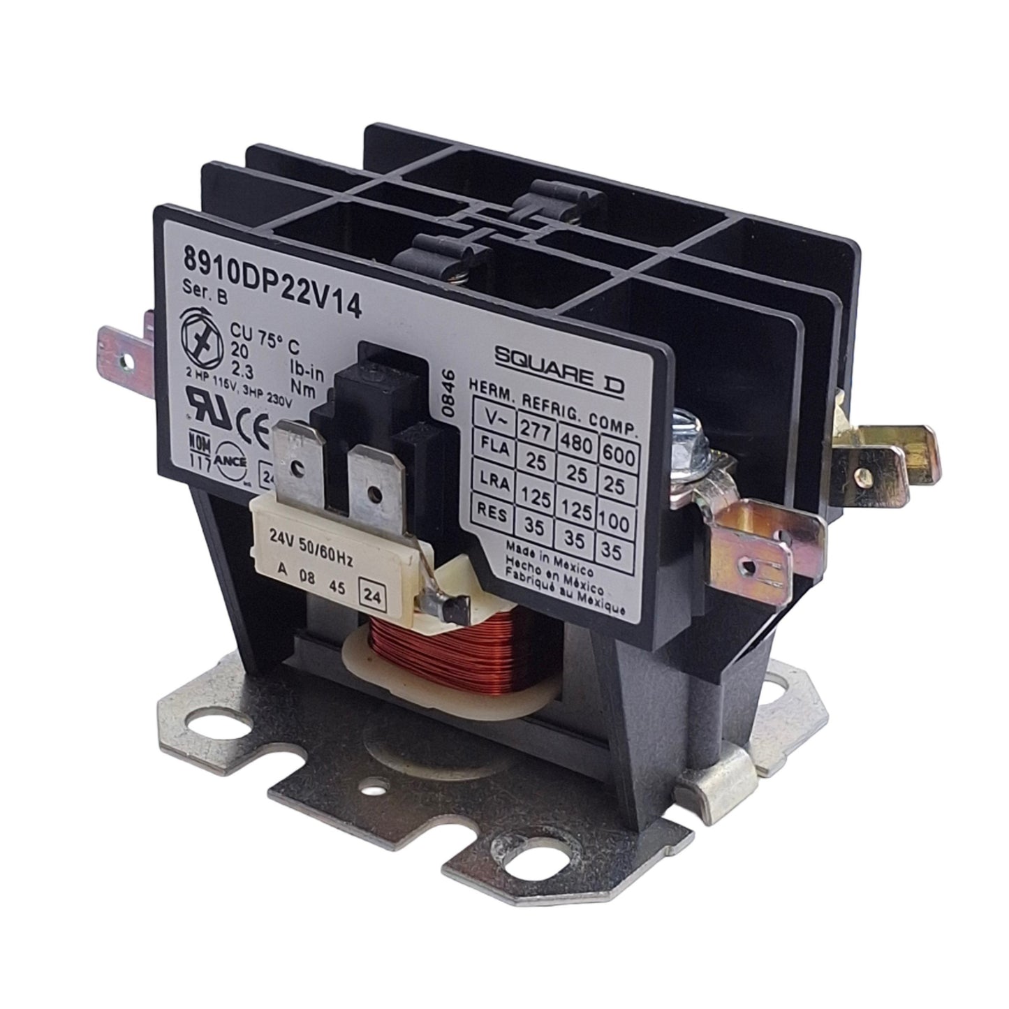 Used Schneider Electric 8910DP22V14 Contactor, 25A 600VAC Contact, 2-Pole, 24VAC Coil