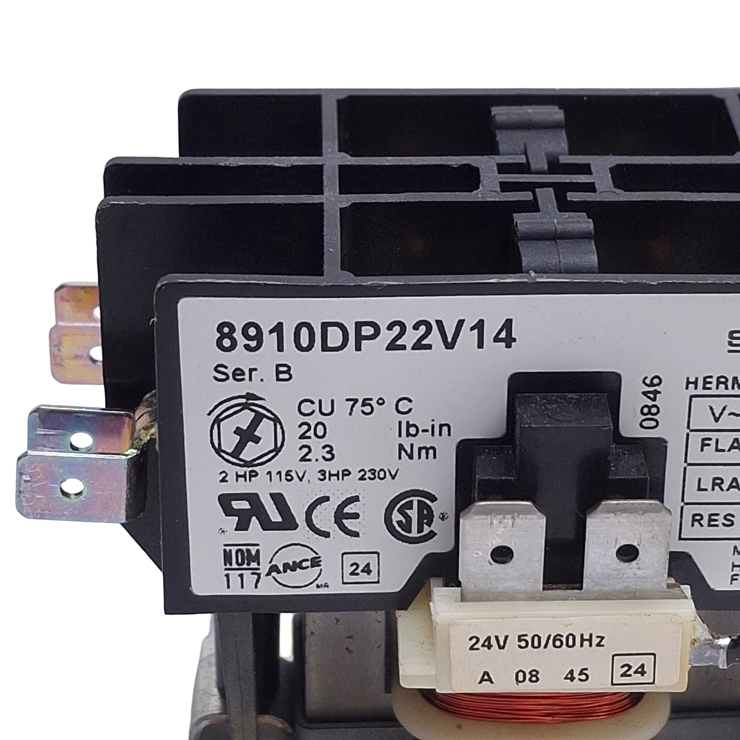 Used Schneider Electric 8910DP22V14 Contactor, 25A 600VAC Contact, 2-Pole, 24VAC Coil
