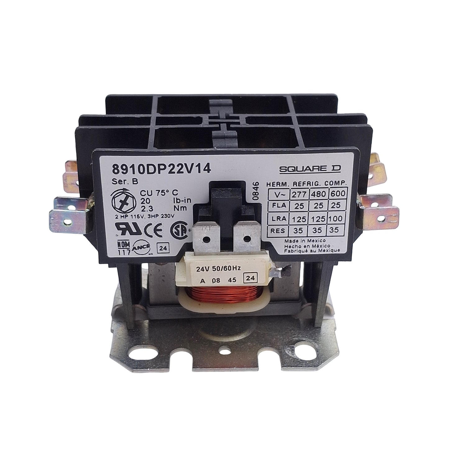 Used Schneider Electric 8910DP22V14 Contactor, 25A 600VAC Contact, 2-Pole, 24VAC Coil