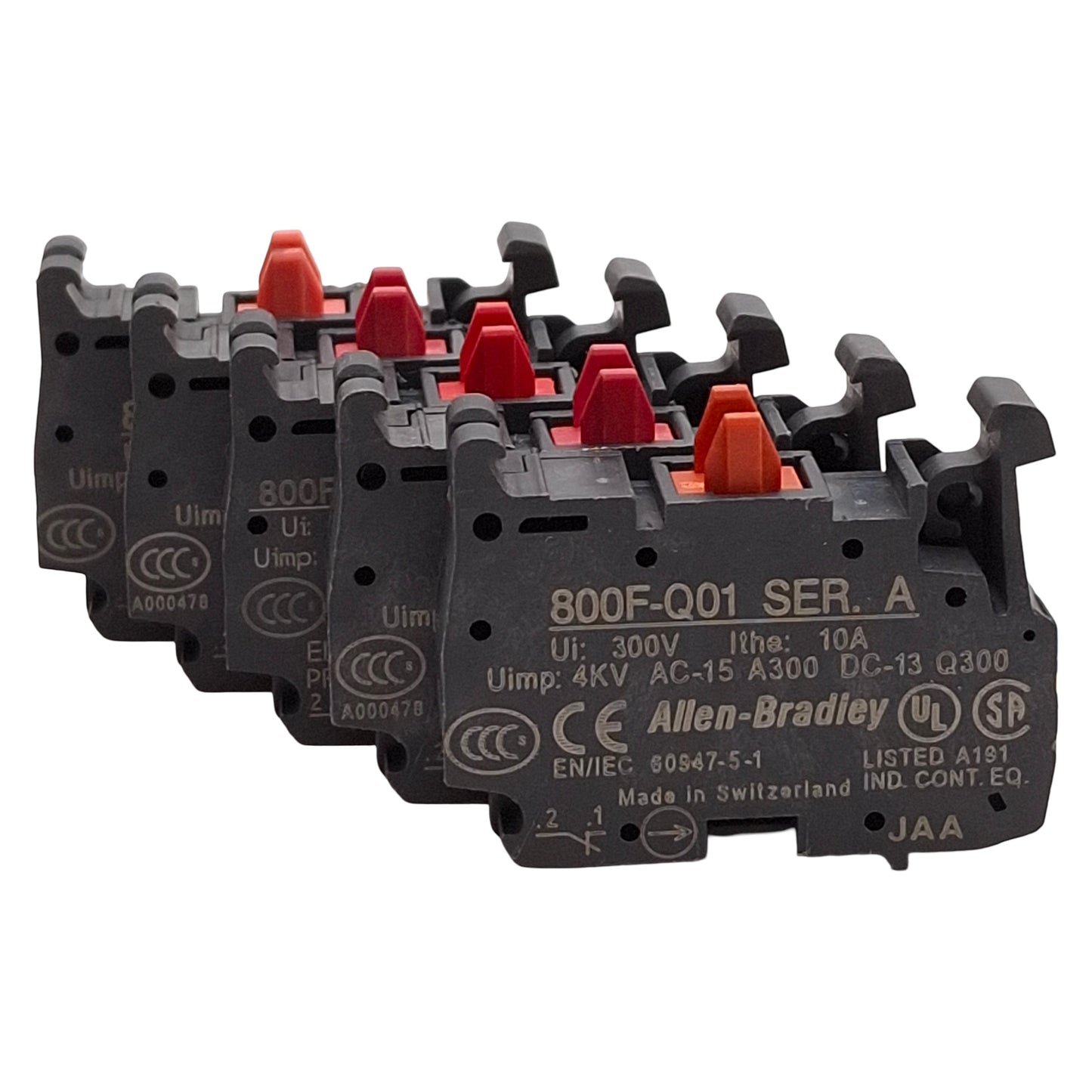 Used Lot of 5 Allen Bradley 800F-Q01 Pushbutton Contact Block, 22.5mm, 1NC, 10A 300V
