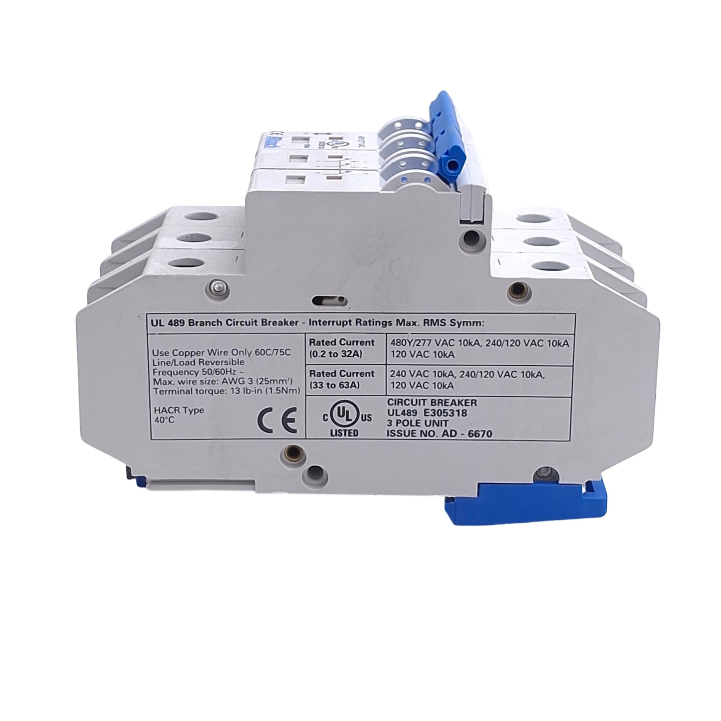 New – Open box Altech Corp 3DU8L Circuit Breaker 3 Pole, 277VAC, DIN Rail, 8A, E305318