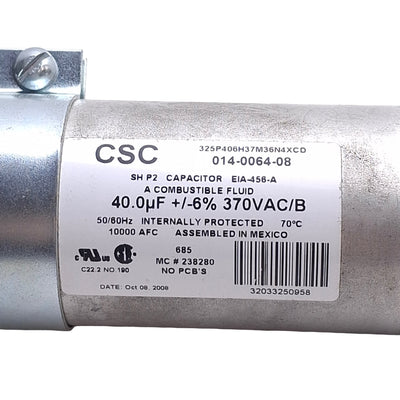 Used Copeland 014-0064-08 CSC Motor Run Capacitor, Round, 370V, 40MFD