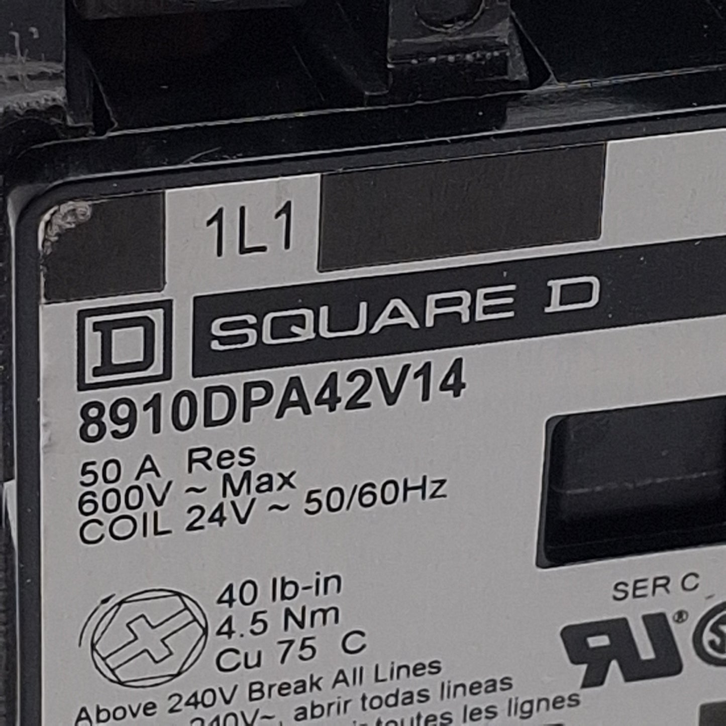 Used Square D 8910DPA42V14 Contactor, 2-Pole 2N.O. 1-Phase, 40A 600VAC, 24VAC Coil