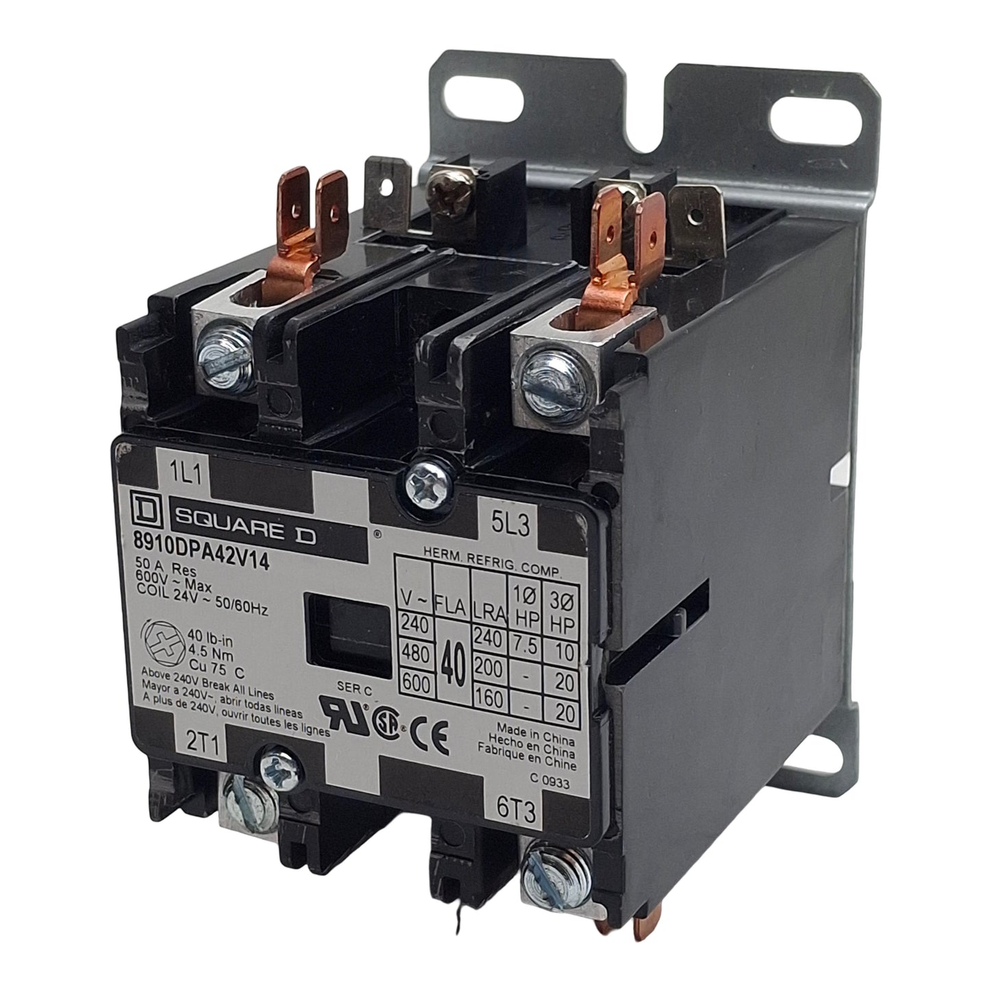 Used Square D 8910DPA42V14 Contactor, 2-Pole 2N.O. 1-Phase, 40A 600VAC, 24VAC Coil