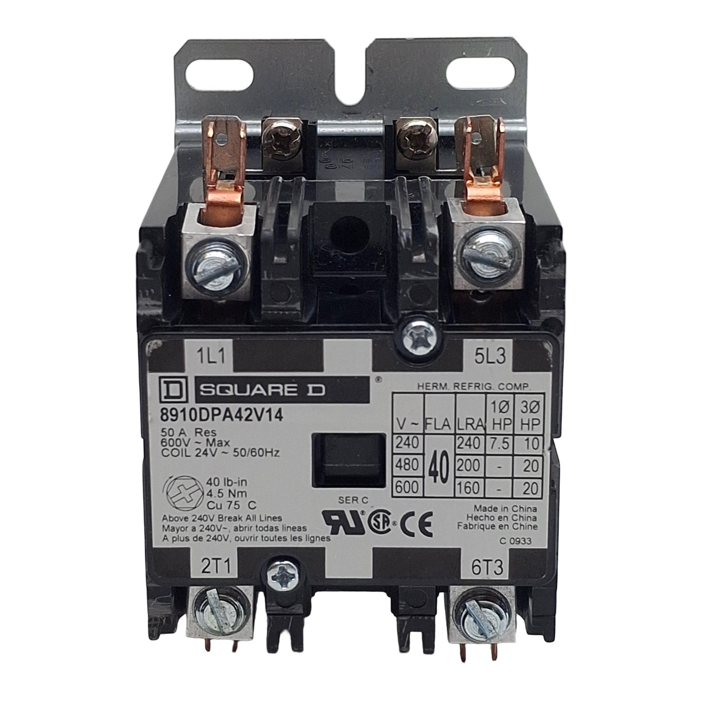 Used Square D 8910DPA42V14 Contactor, 2-Pole 2N.O. 1-Phase, 40A 600VAC, 24VAC Coil
