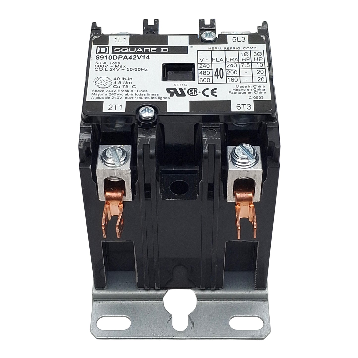 Used Square D 8910DPA42V14 Contactor, 2-Pole 2N.O. 1-Phase, 40A 600VAC, 24VAC Coil