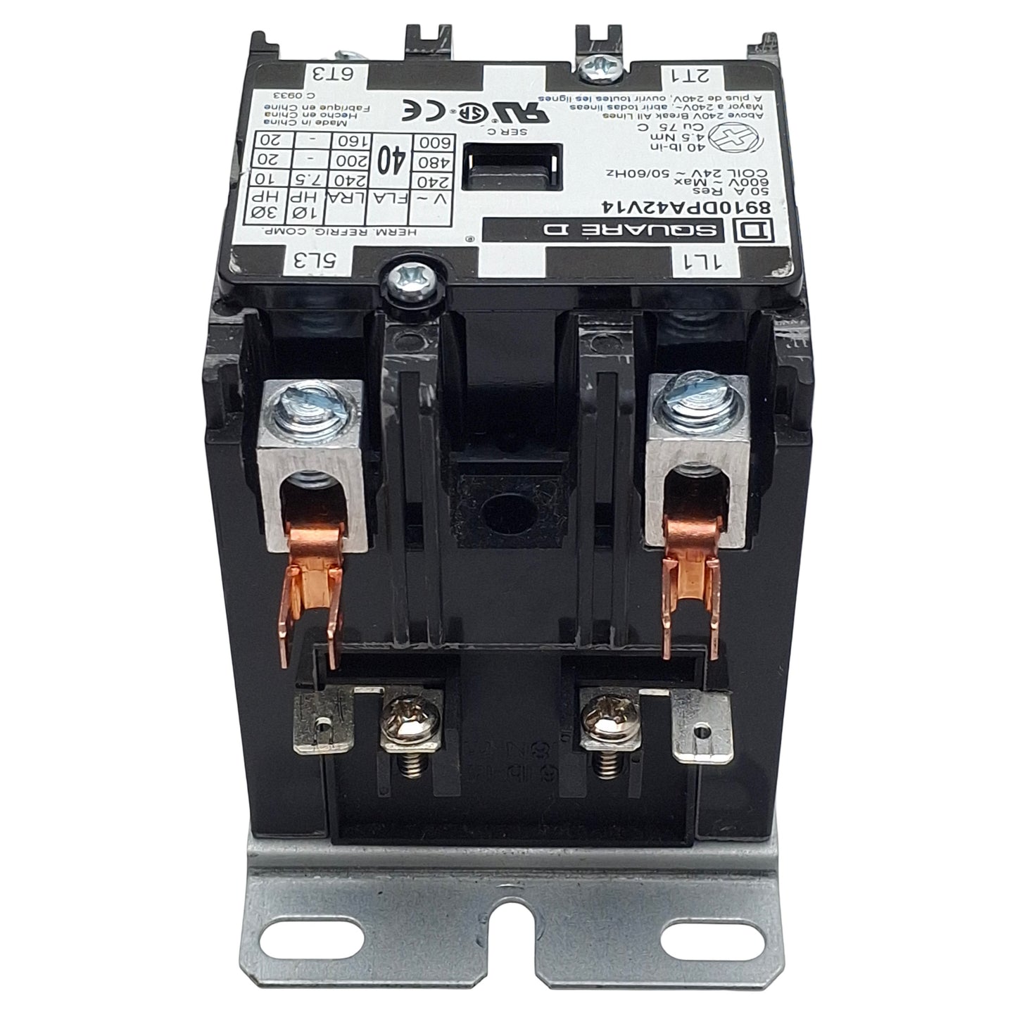 Used Square D 8910DPA42V14 Contactor, 2-Pole 2N.O. 1-Phase, 40A 600VAC, 24VAC Coil