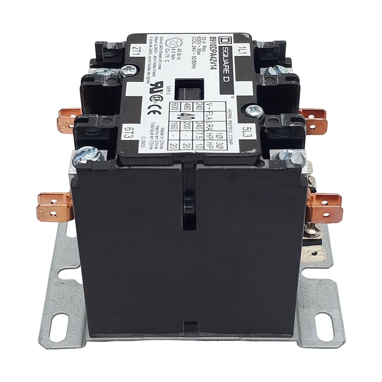Used Square D 8910DPA42V14 Contactor, 2-Pole 2N.O. 1-Phase, 40A 600VAC, 24VAC Coil