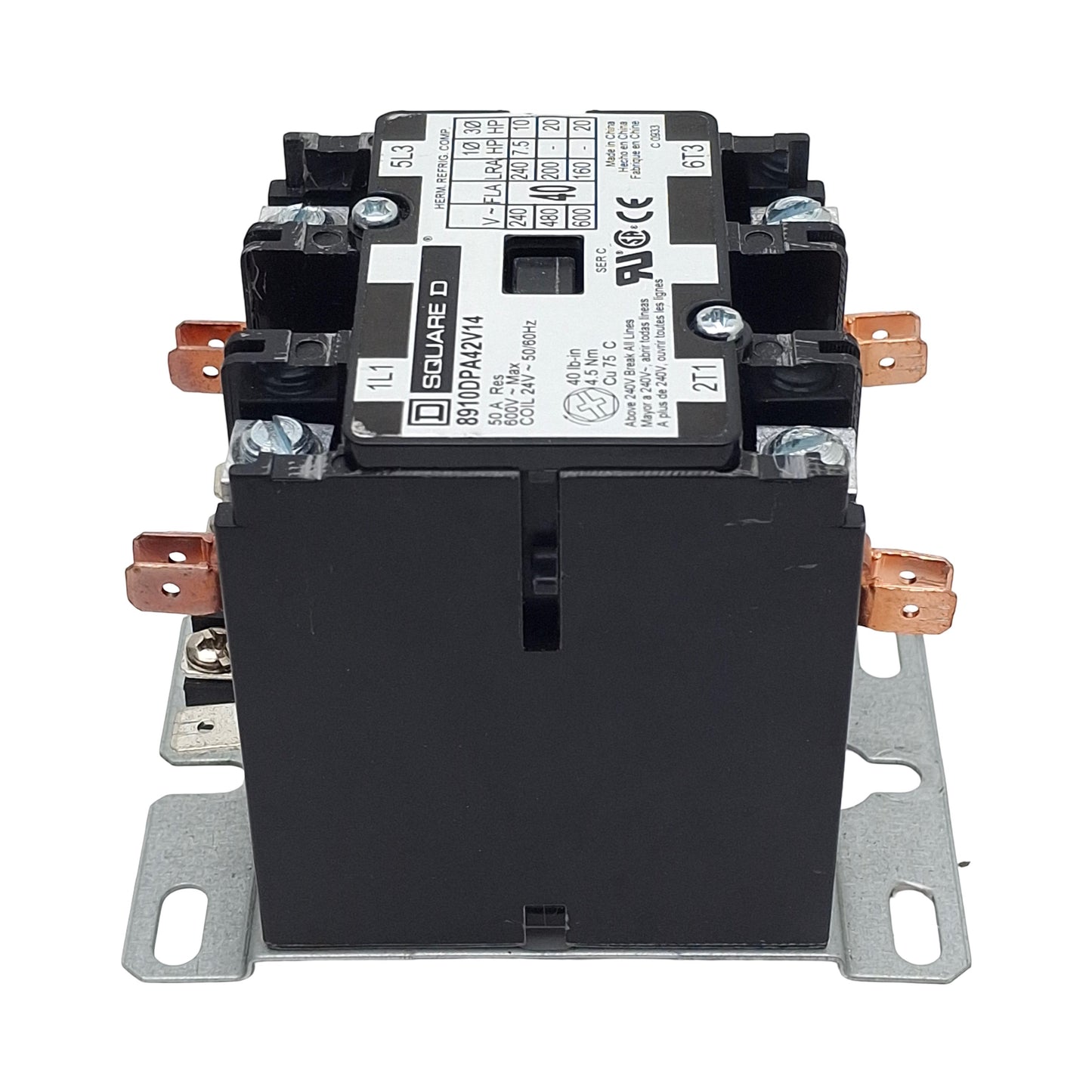 Used Square D 8910DPA42V14 Contactor, 2-Pole 2N.O. 1-Phase, 40A 600VAC, 24VAC Coil