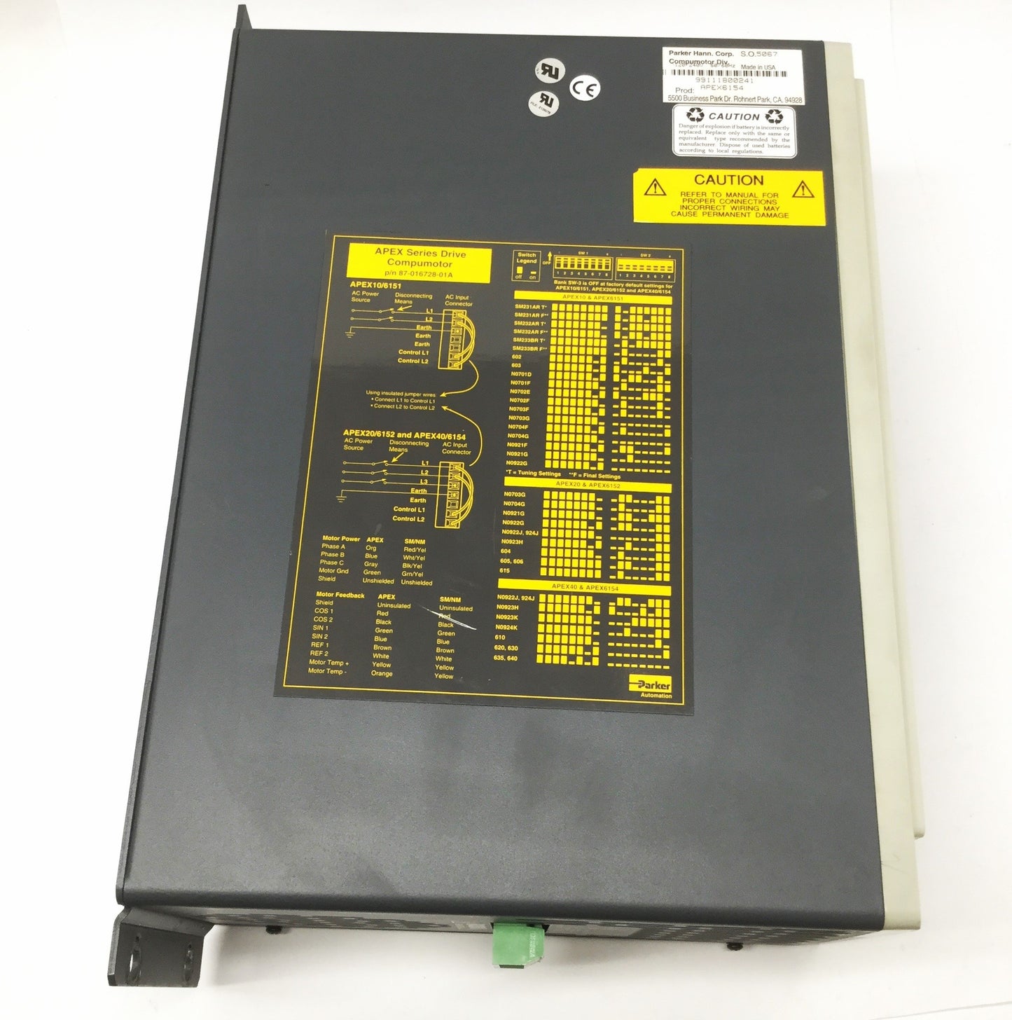 Used Parker APEX6154 Compumotor Analog Servo Drive/Controller 240VAC In, 340VDC 20A