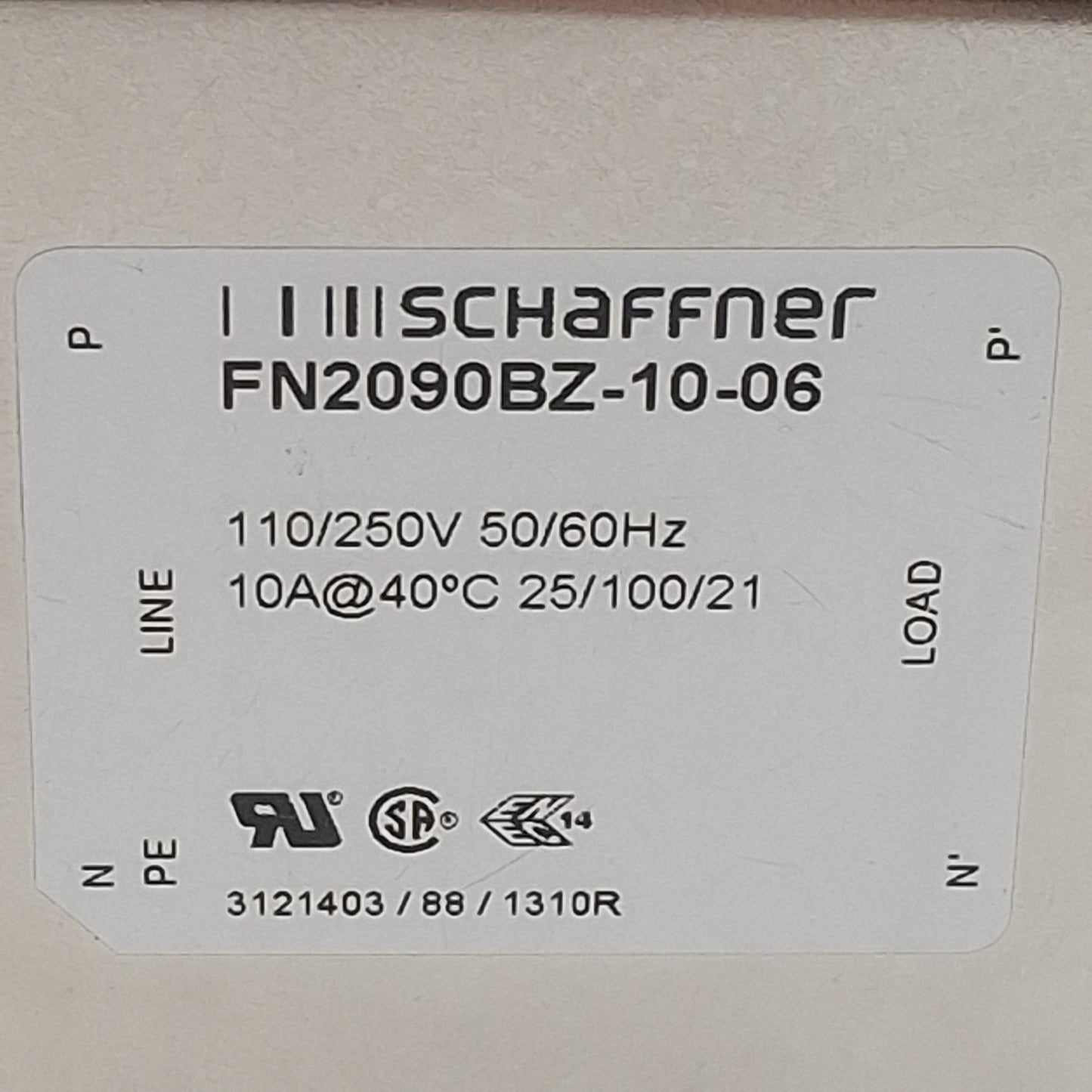 New – Open box Schaffner FN2090BZ-10-06 Power Line Filter 1-Phase, 10A, 110/250VAC, Spade 0.25"