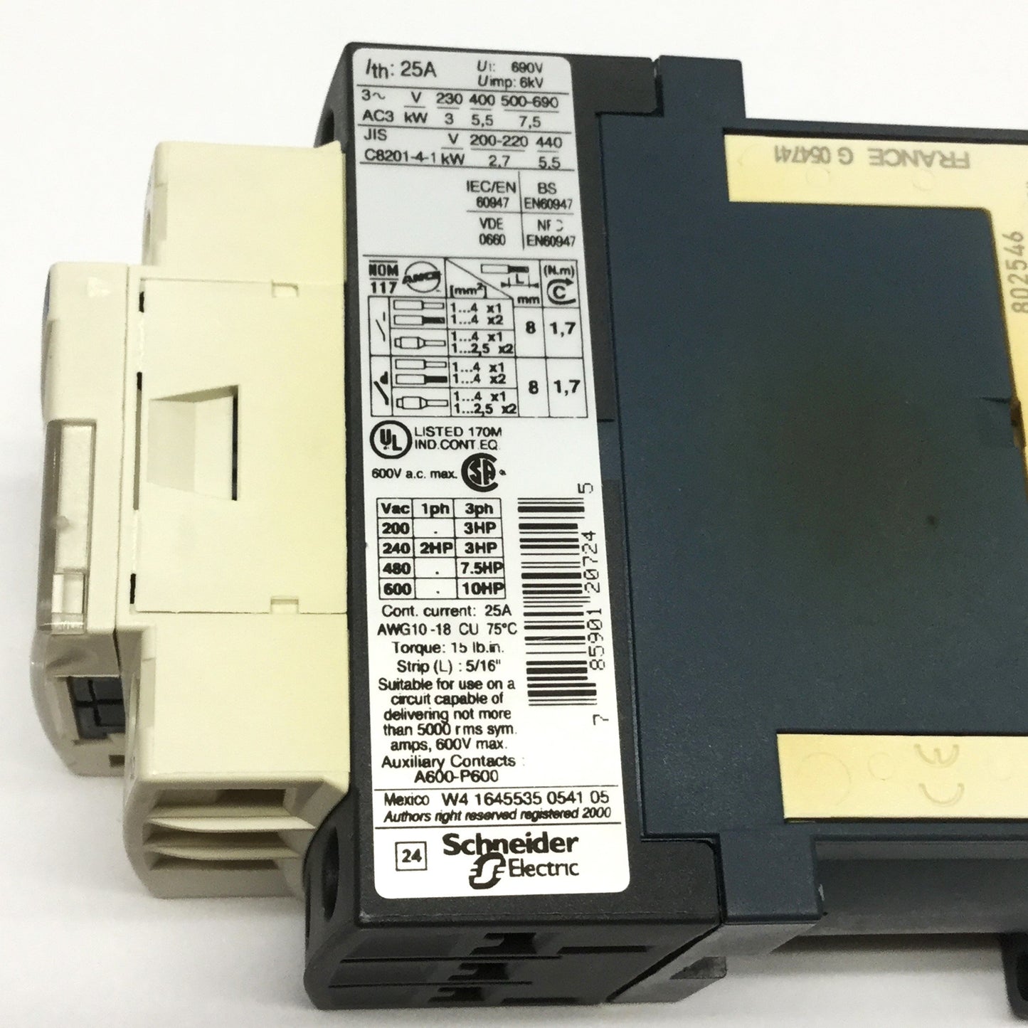 Used Telemecanique LC1D12 BD TeSys 25A Contactor 3-Pole, 24VDC Coil w/LAD4TBDL Diode