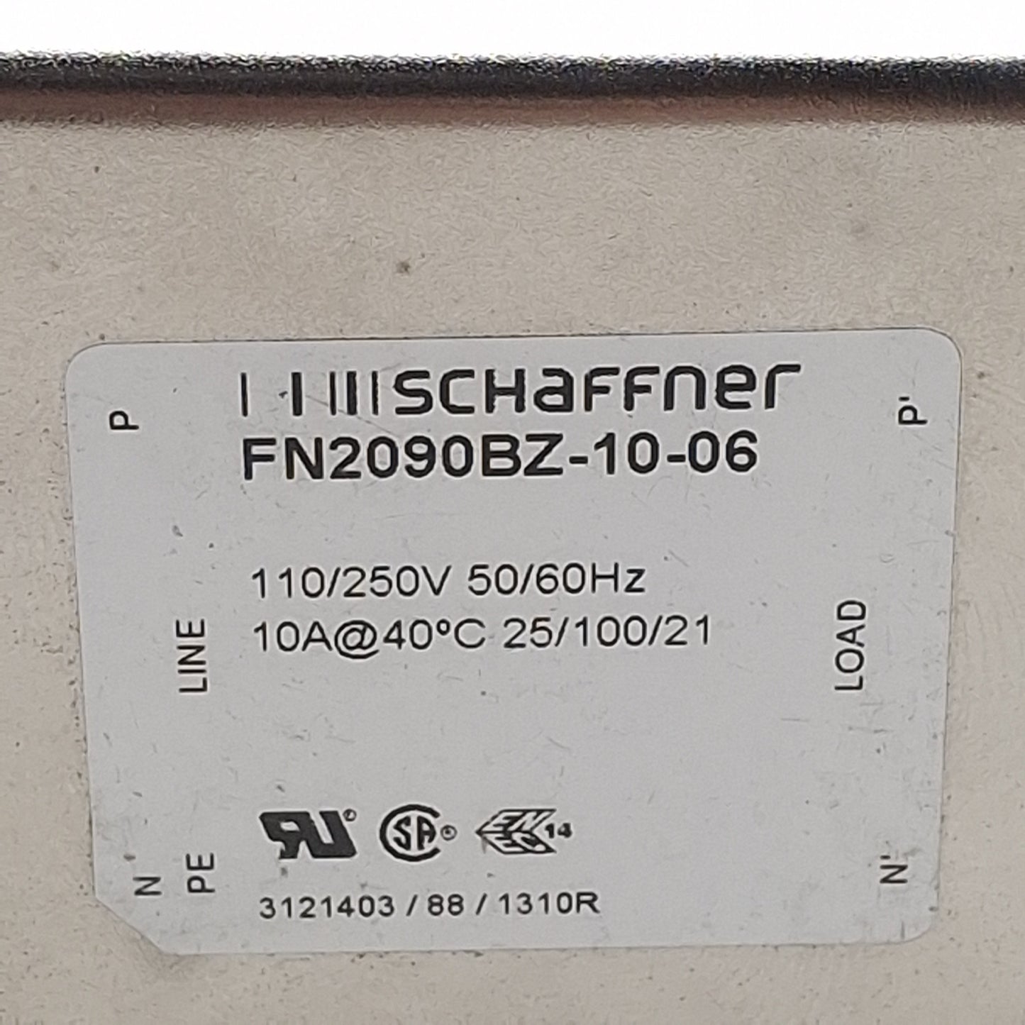 Used Schaffner FN2090BZ-10-06 Power Line Filter, 1-Phase, 10A 110/250VAC, Spade 0.25"