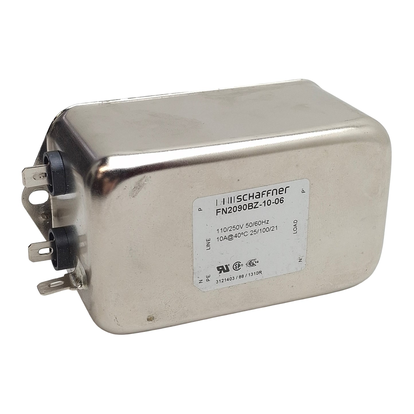 Used Schaffner FN2090BZ-10-06 Power Line Filter, 1-Phase, 10A 110/250VAC, Spade 0.25"