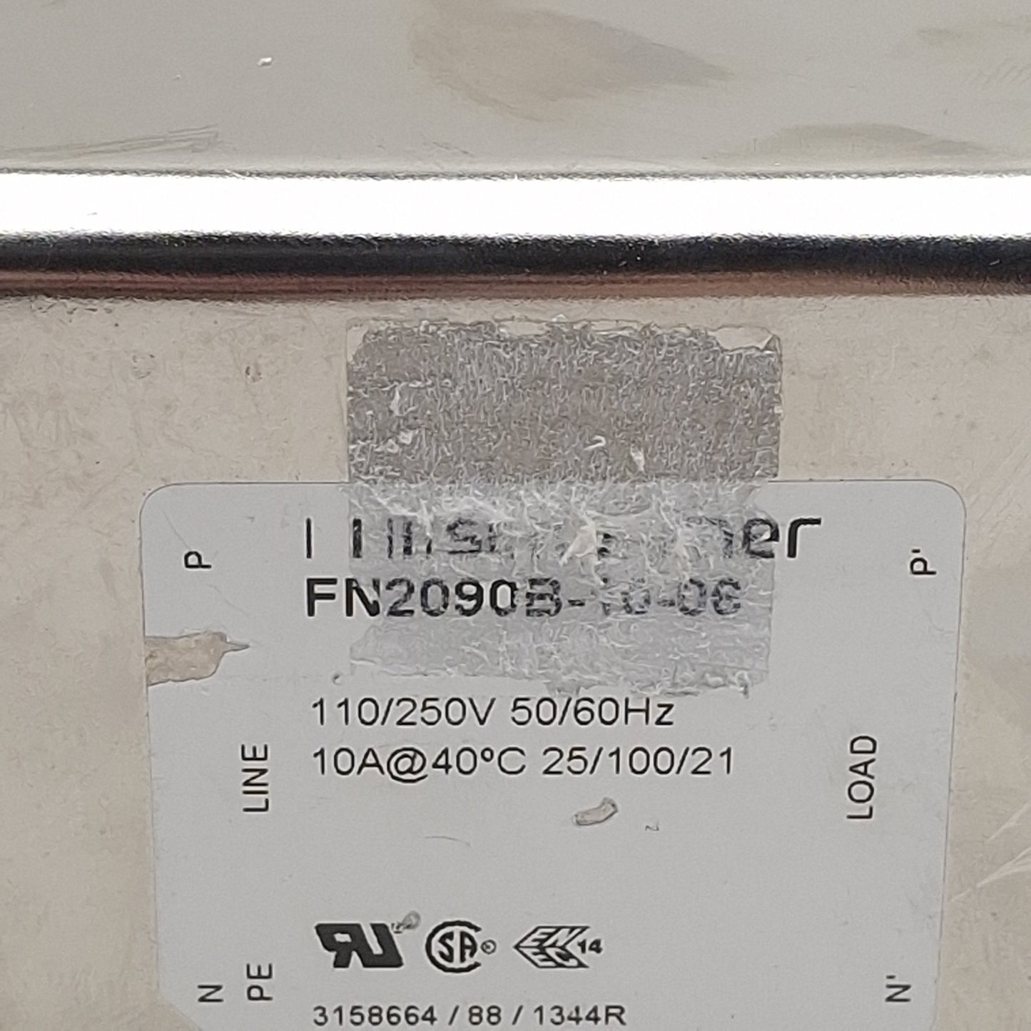 Used Schaffner FN2090B-10-06 Power Line Filter, 1-Phase, 10A 110/250VAC, Spade 0.25in