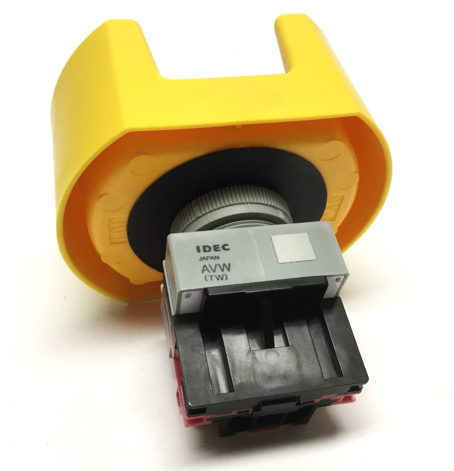 Used Idec AVW401-R Emergency E-Stop Pushbutton Switch, 1NC, 10A 600VAC w/Shroud Guard