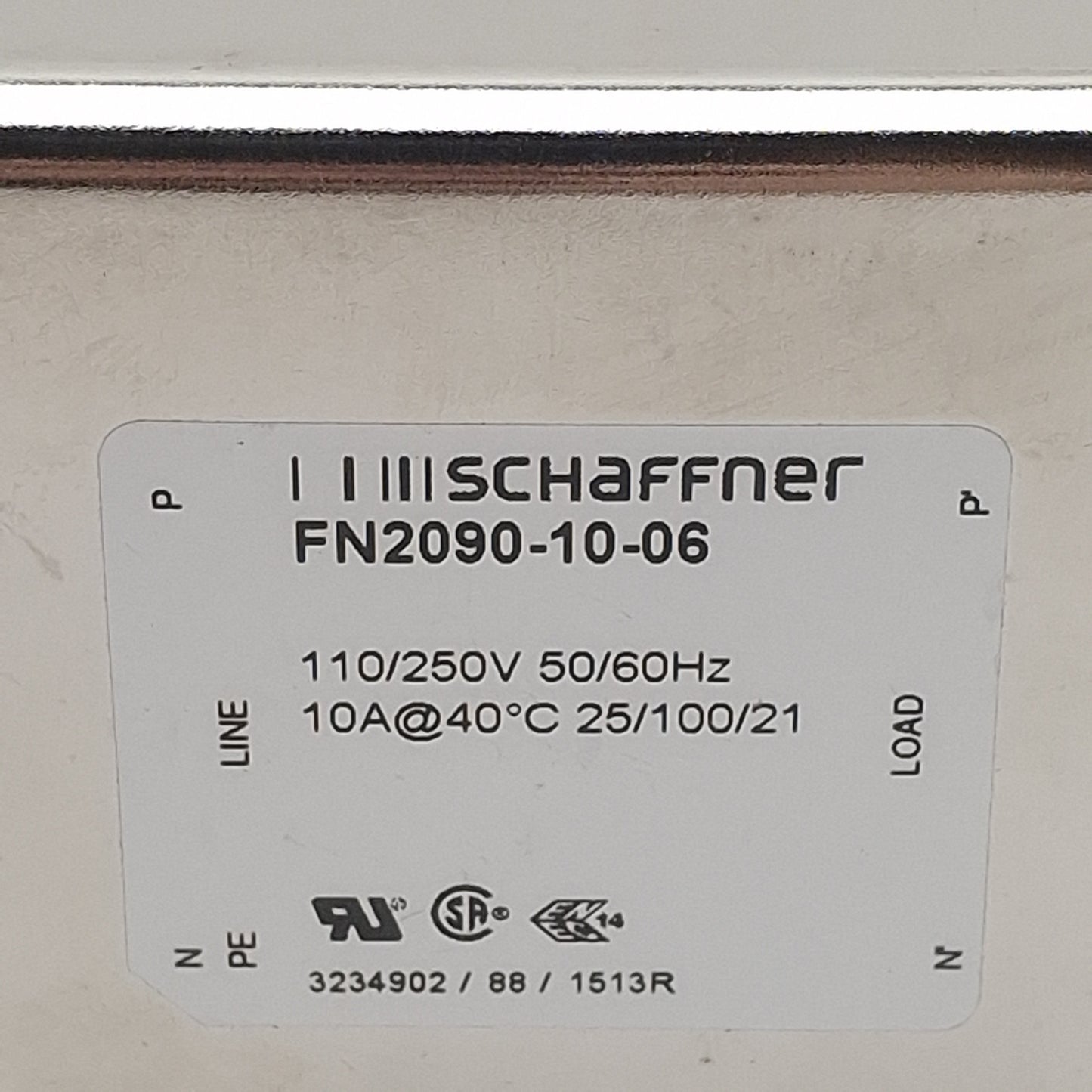 Used Schaffner FN2090-10-06 Power Line Filter, 1-Phase, 10A, 110/250VAC, Spade 0.25in