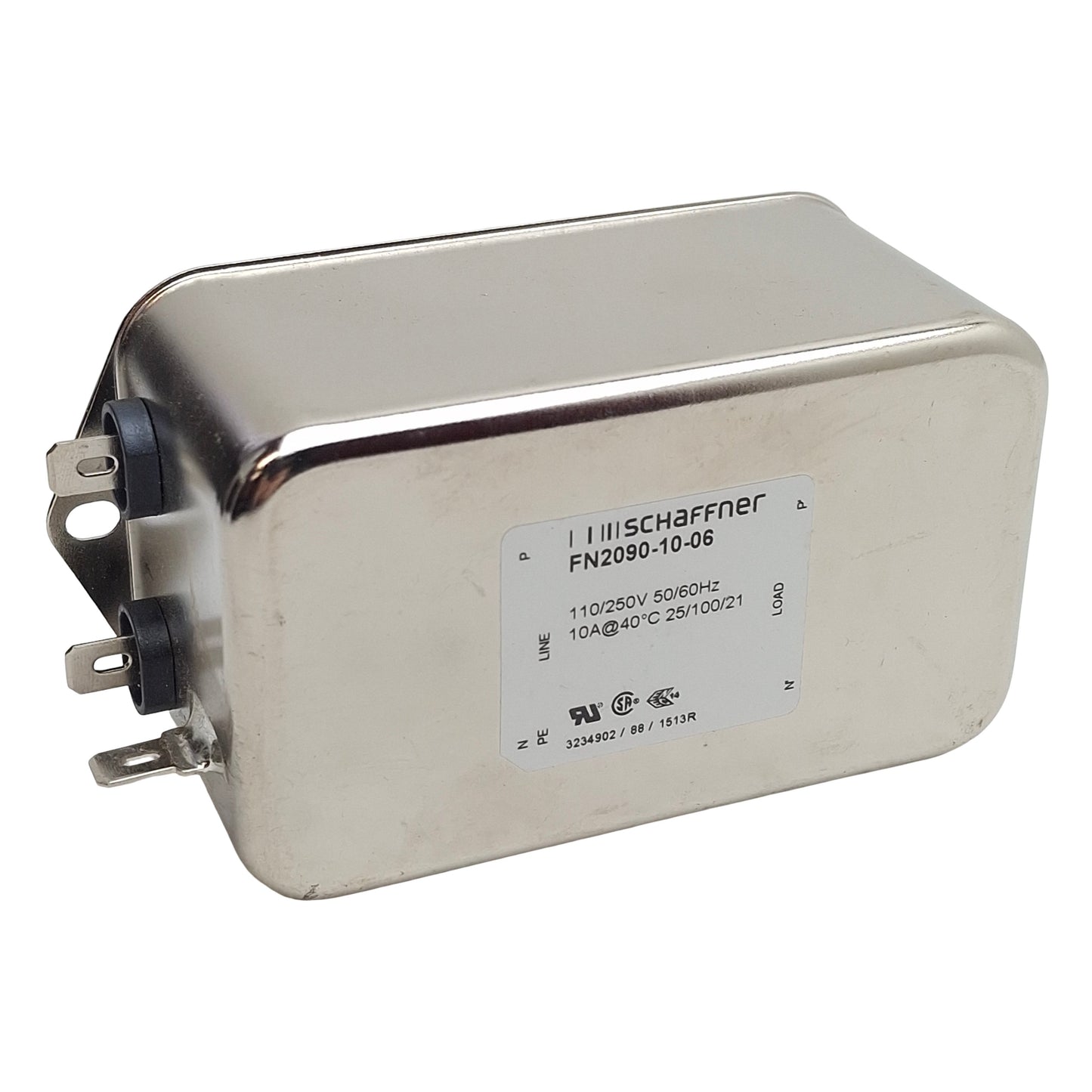 Used Schaffner FN2090-10-06 Power Line Filter, 1-Phase, 10A, 110/250VAC, Spade 0.25in