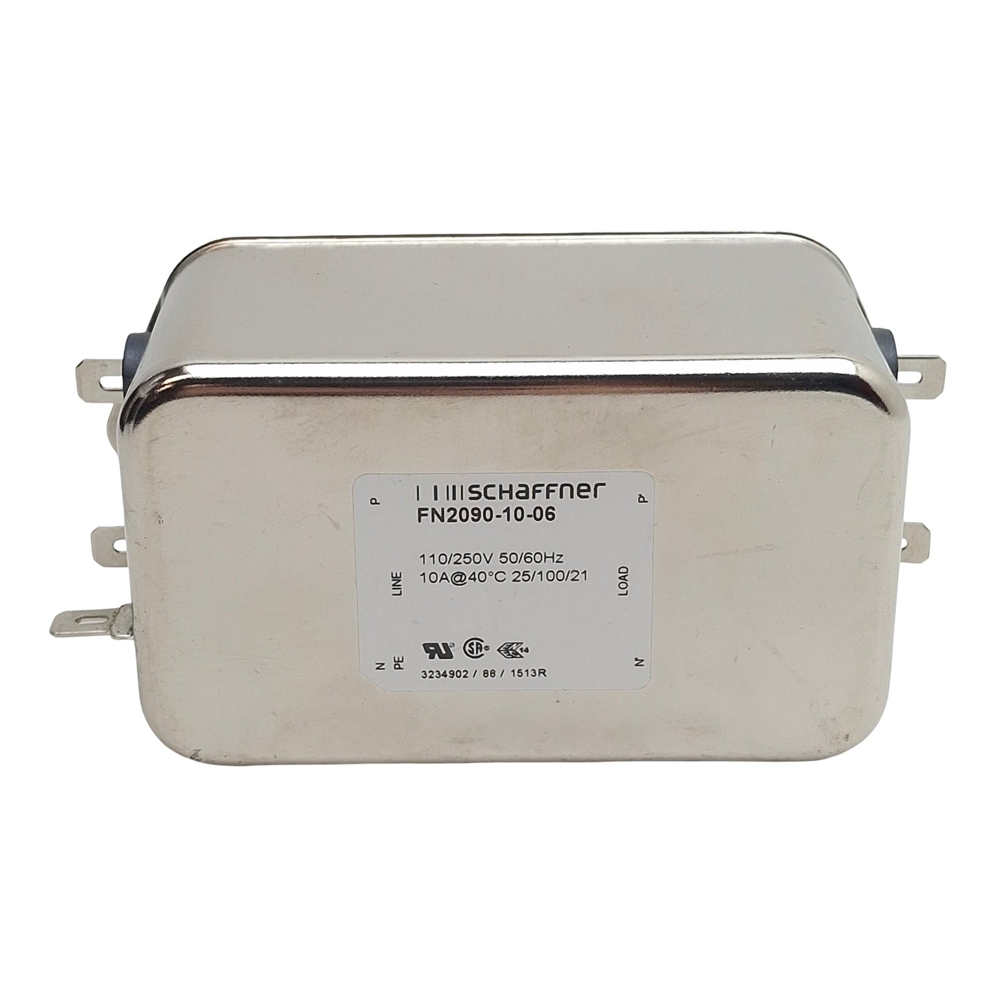 Used Schaffner FN2090-10-06 Power Line Filter, 1-Phase, 10A, 110/250VAC, Spade 0.25in