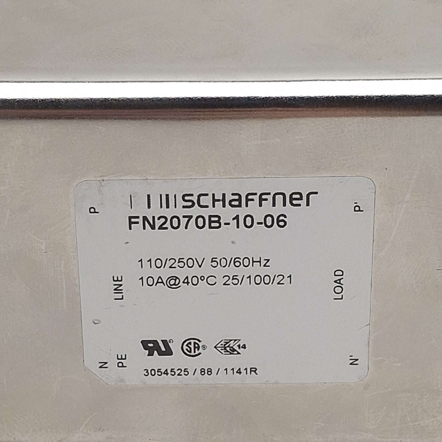 Used Schaffner FN2070B-10-06 Power Line Filter, 1-Phase, 10A, 110/250VAC, Spade 0.25"