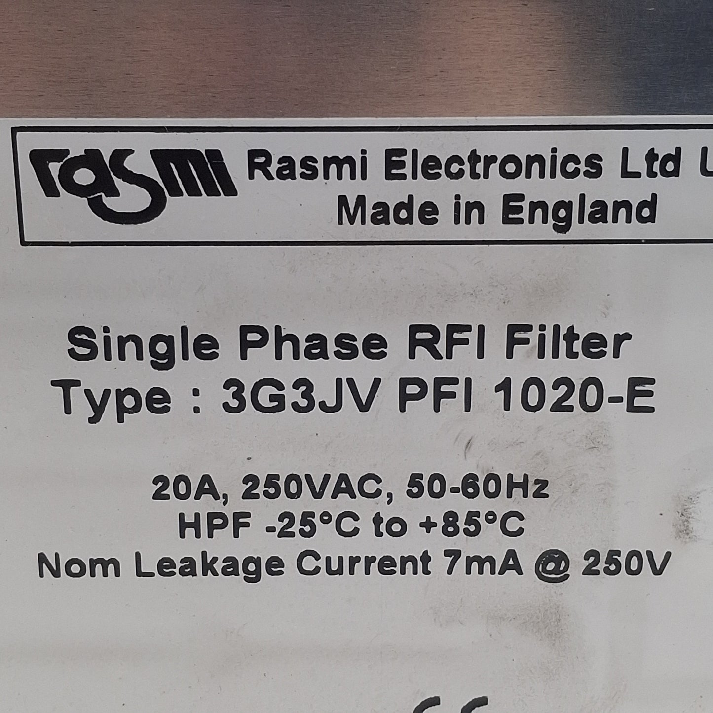 Used Rasmi 3G3JV PFI 1020-E RFI Filter, Single Phase, 20A 250VAC In, 7mA Leak
