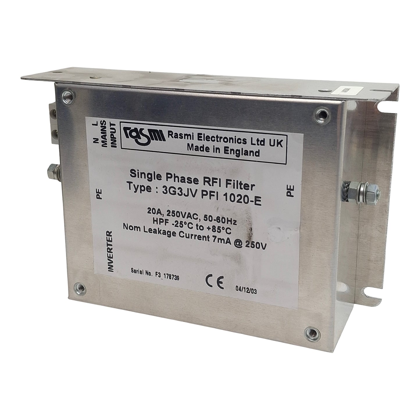 Used Rasmi 3G3JV PFI 1020-E RFI Filter, Single Phase, 20A 250VAC In, 7mA Leak