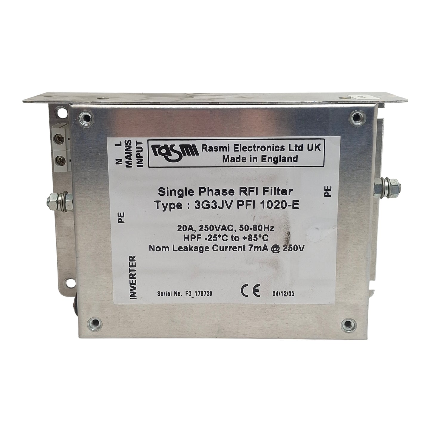 Used Rasmi 3G3JV PFI 1020-E RFI Filter, Single Phase, 20A 250VAC In, 7mA Leak